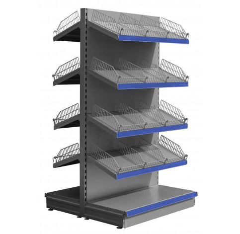 Silver tall gondola shelving with wire risers and dividers