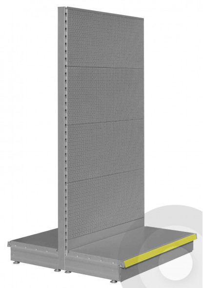 silver gondola shelving with perforated RL back panels